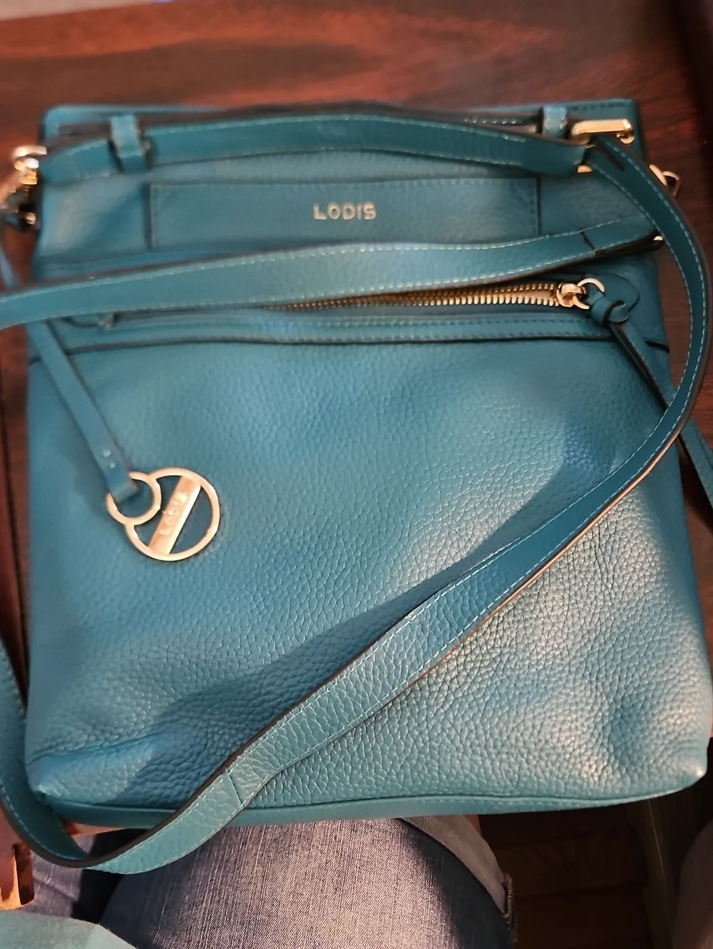 Lodis Teal Pebbled Leather Crossbody with Gold Accent